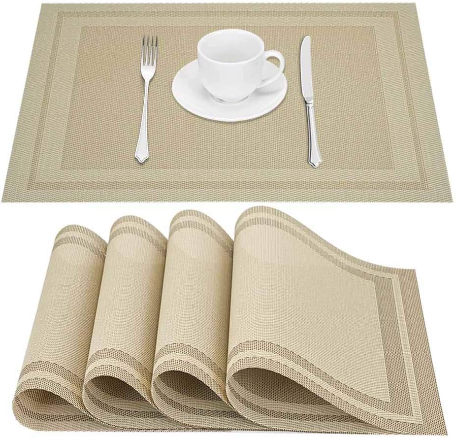 Placemats Set of 4, Heat and Stain Resistant Indoor/Outdoor Place mats, Non-Slip Washable Polyvinyl Chloride Table Mat, Easy to Clean Premium Plastic Mats for Dining table, Kitchen Table (12 x 18 inches).