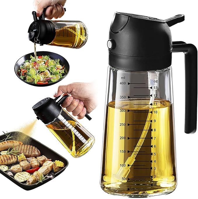 Glass Olive Oil Sprayer Bottle for Cooking – 2 in 1 Olive Oil Dispenser and Kitchen Gadgets for Air Fryer Accessories, Salad, Frying BBQ Black 16oz/470ml