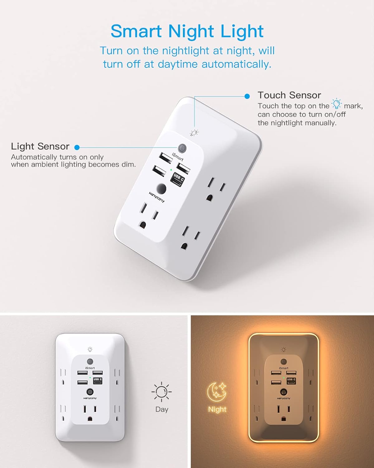 Outlet Extender with Night Light Multi Plug Wall Adapter with Surge Protection, 4 USB Ports (Including 1 USB-C), Power Strip Splitter for Home, Office, Dorm Room.