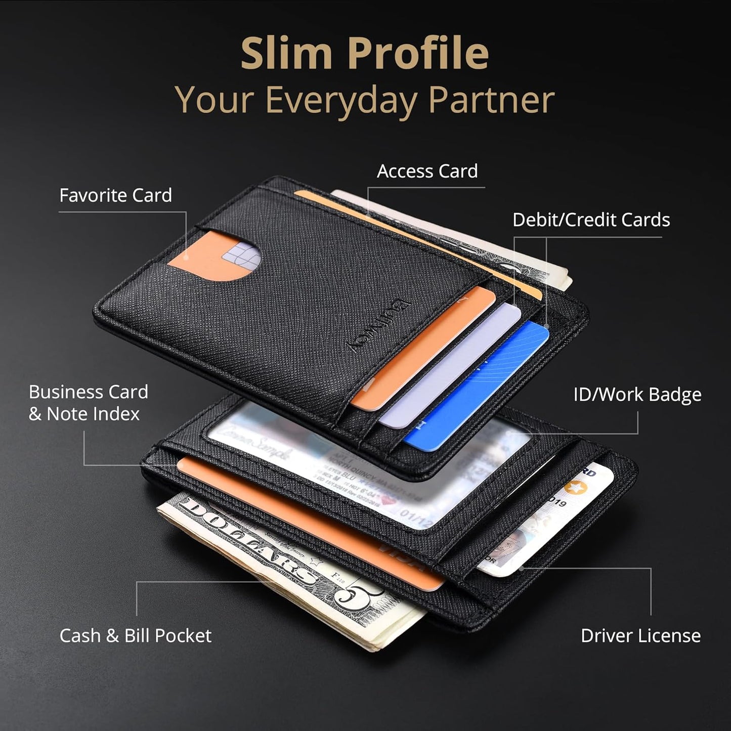 Slim RFID Blocking Leather Wallet Minimalist Front Pocket Wallet for Men and Women, Ultra Slim Design, Secure Card Holder Cross Black.