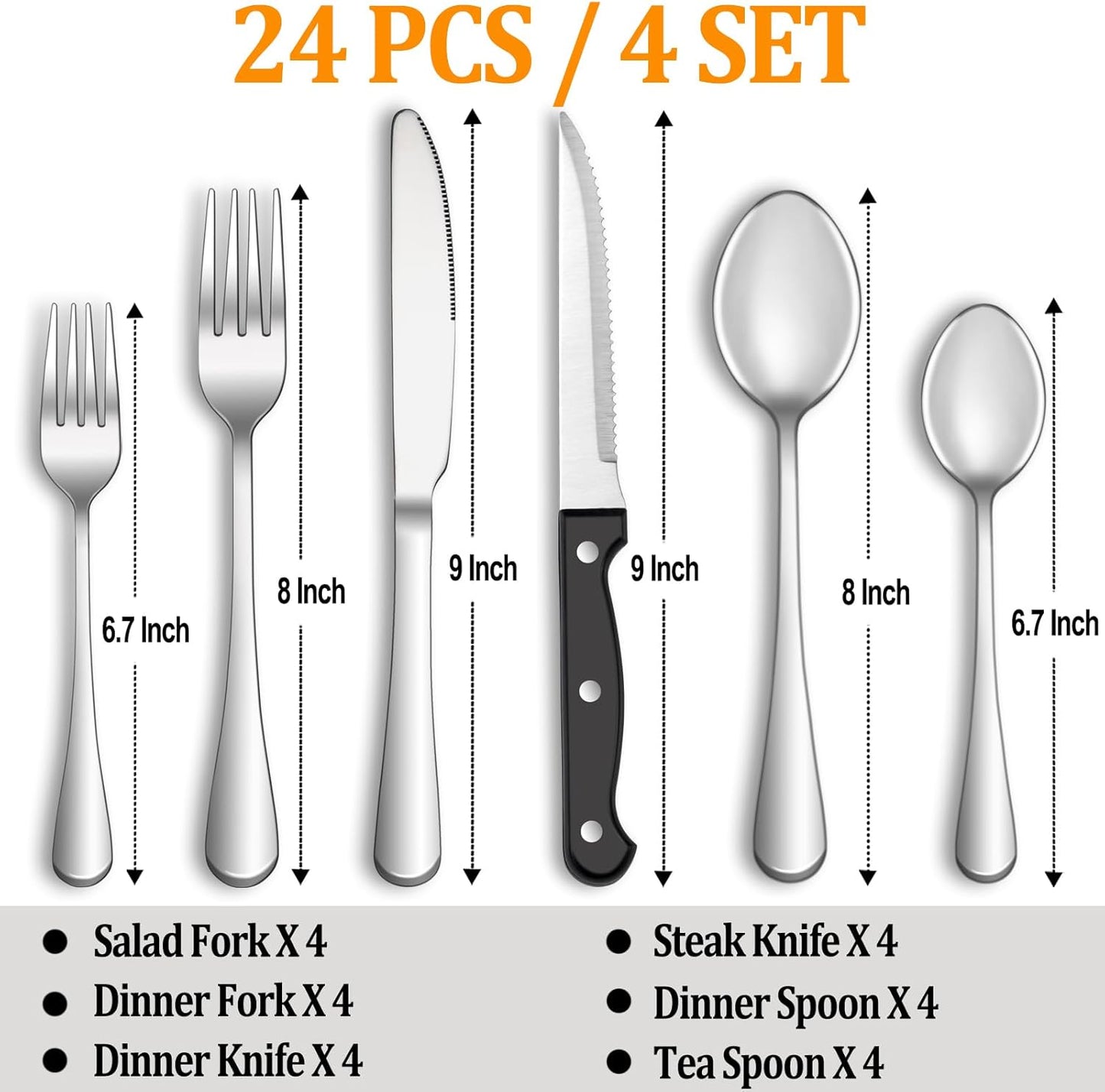 Silverware Set with Steak Knives Stainless Steel Flatware for 4, Mirror Polished Cutlery Set with Forks, Spoons and Knives Dishwasher Safe Tableware for Home and Kitchen(24-Pieces).