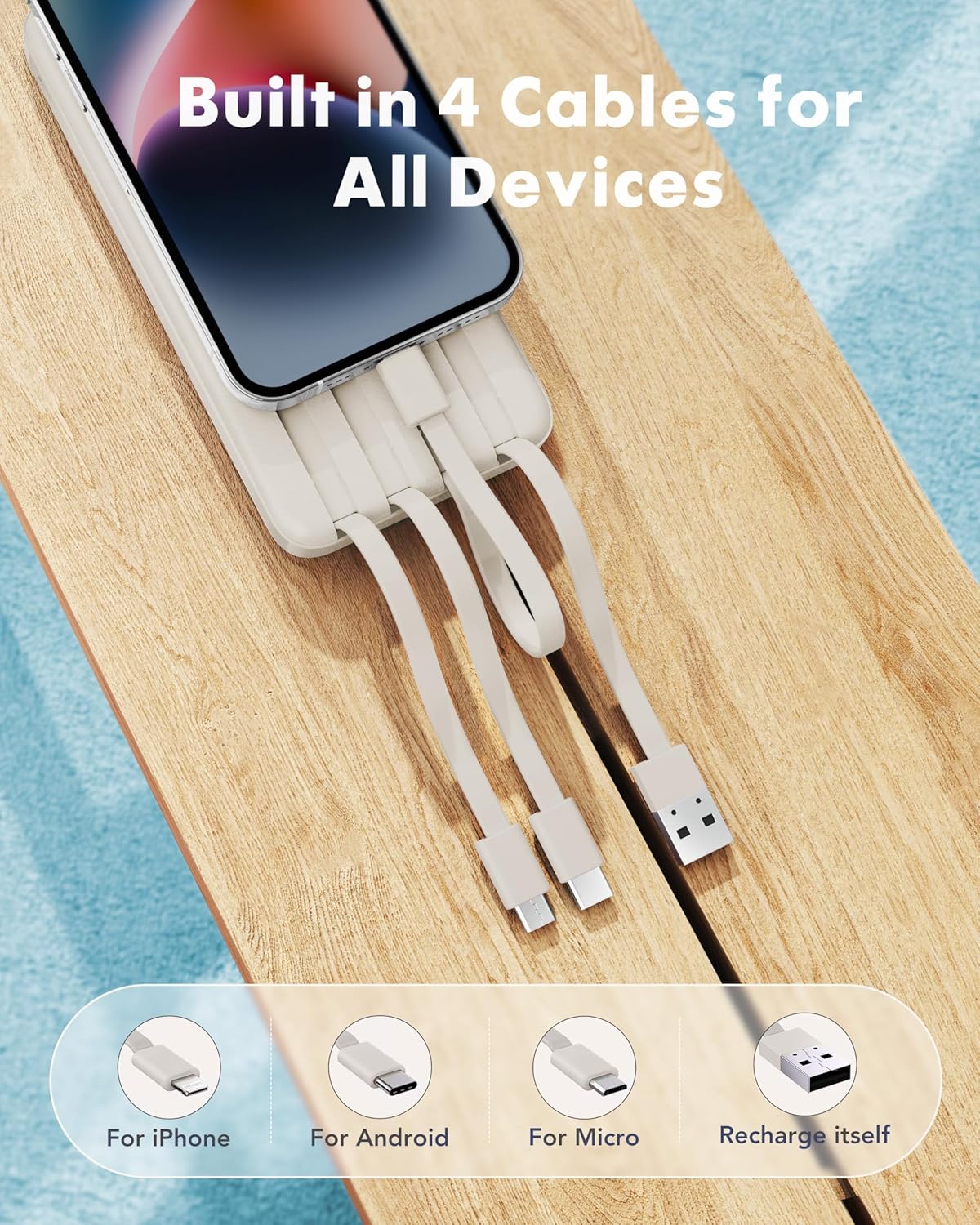 Portable Charger with Built-in Cables, Power Bank, 6 Outputs, 3 Inputs, 3A Fast Charging -10000mAh