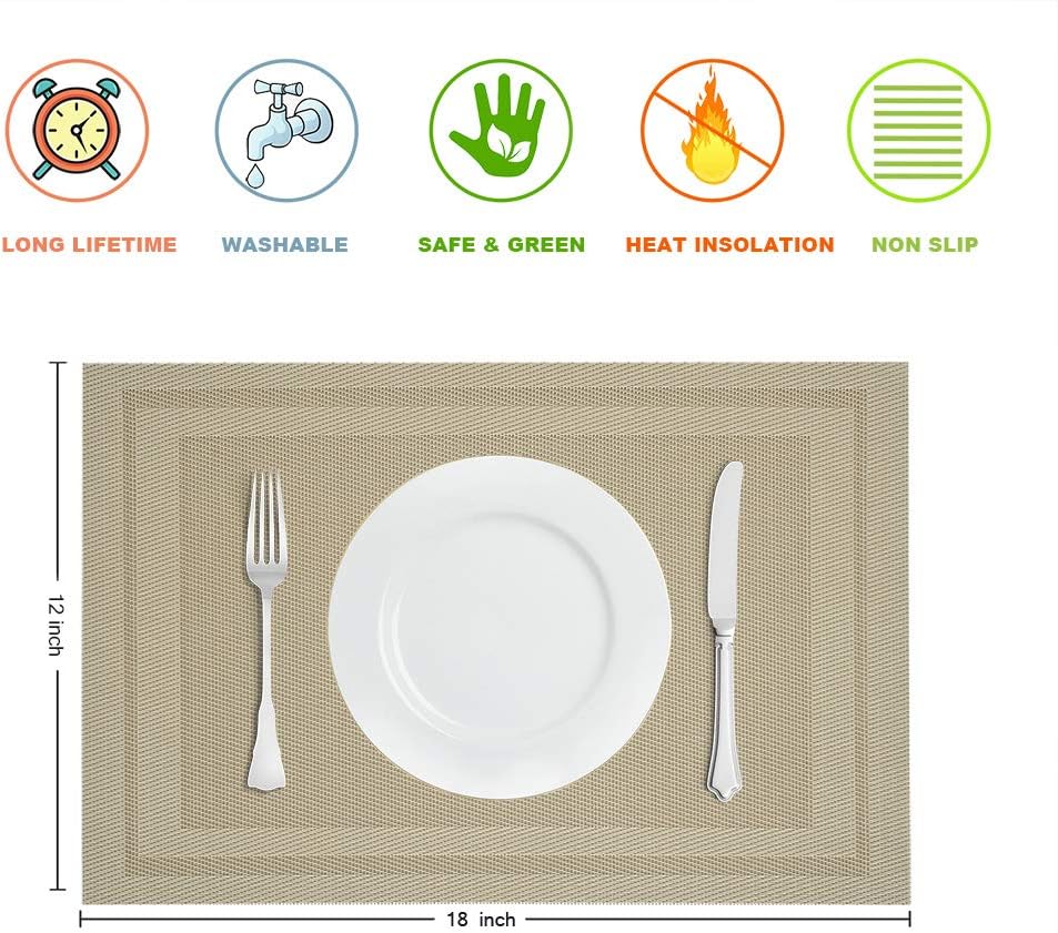 Placemats Set of 4, Heat and Stain Resistant Indoor/Outdoor Place mats, Non-Slip Washable Polyvinyl Chloride Table Mat, Easy to Clean Premium Plastic Mats for Dining table, Kitchen Table (12 x 18 inches).