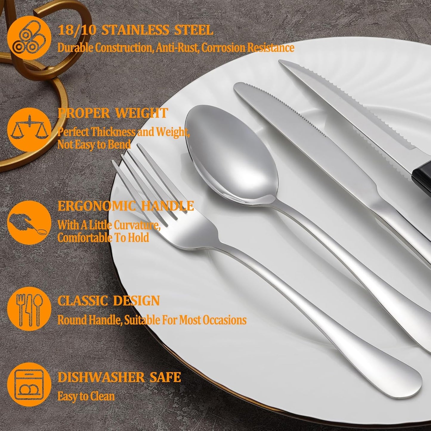 Silverware Set with Steak Knives Stainless Steel Flatware for 4, Mirror Polished Cutlery Set with Forks, Spoons and Knives Dishwasher Safe Tableware for Home and Kitchen(24-Pieces).
