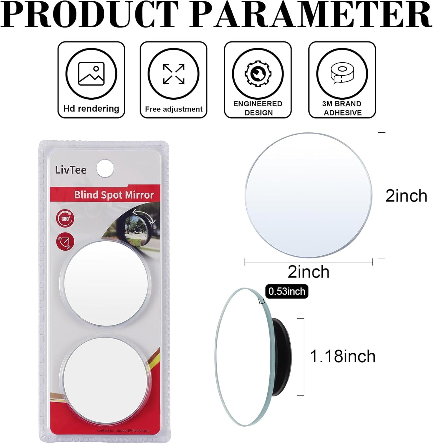 Blind Spot Mirrors 2" Round HD Glass, Frameless Convex Wide-Angle Rear View Mirrors with Adjustable Swivel Base Universal Stick-On for Cars, SUVs and Trucks(2-Pack).