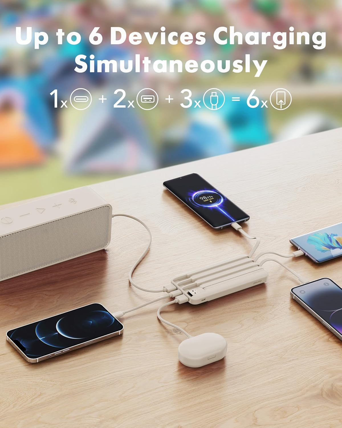 Portable Charger with Built-in Cables, Power Bank, 6 Outputs, 3 Inputs, 3A Fast Charging -10000mAh