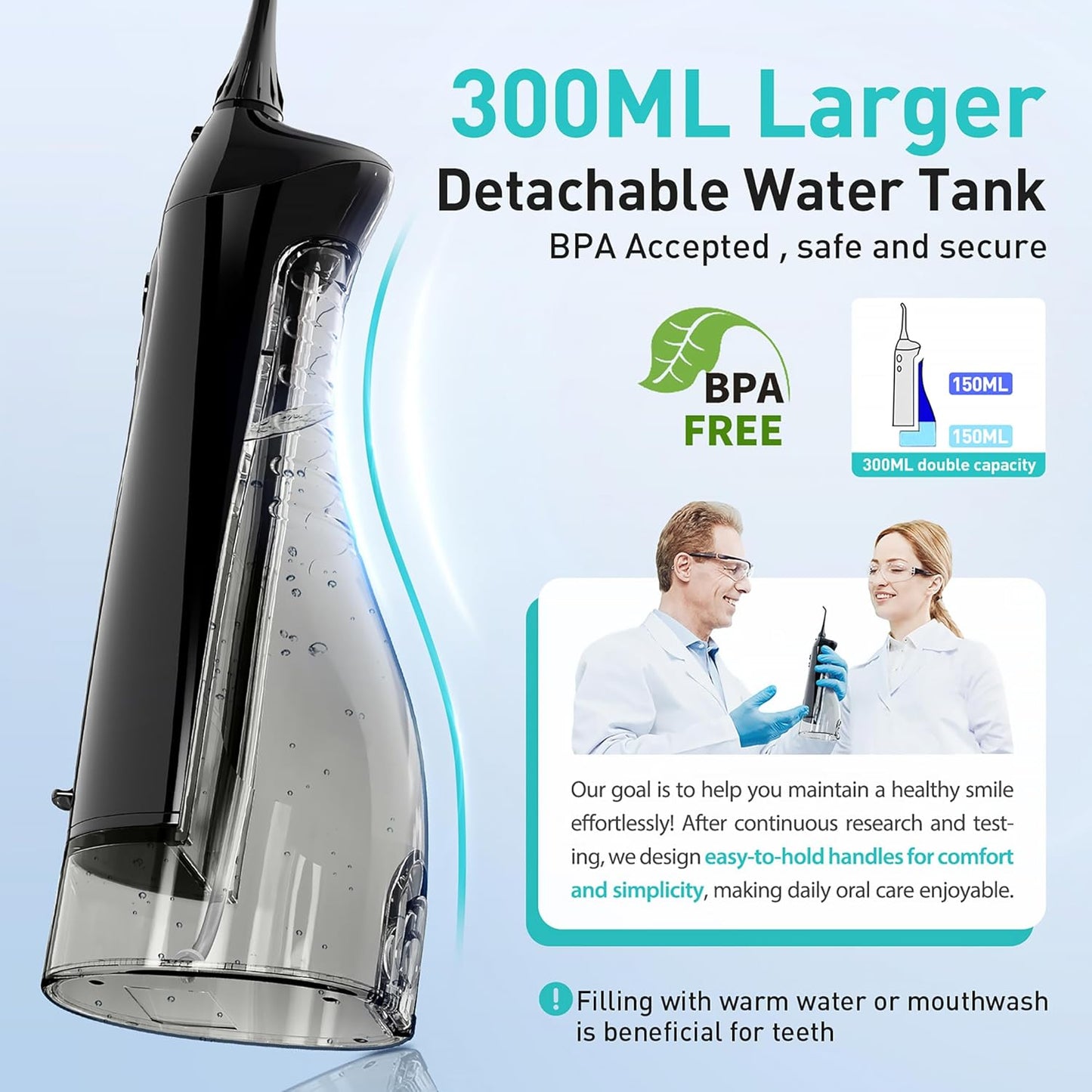 Water Dental Flosser Teeth Pick Portable Cordless Oral Irrigator with 300ML Tank, Rechargeable and IPX7 Waterproof, Electric Flossing Machine for Deep Teeth Cleaning and Travel Use (Model C20 – White)