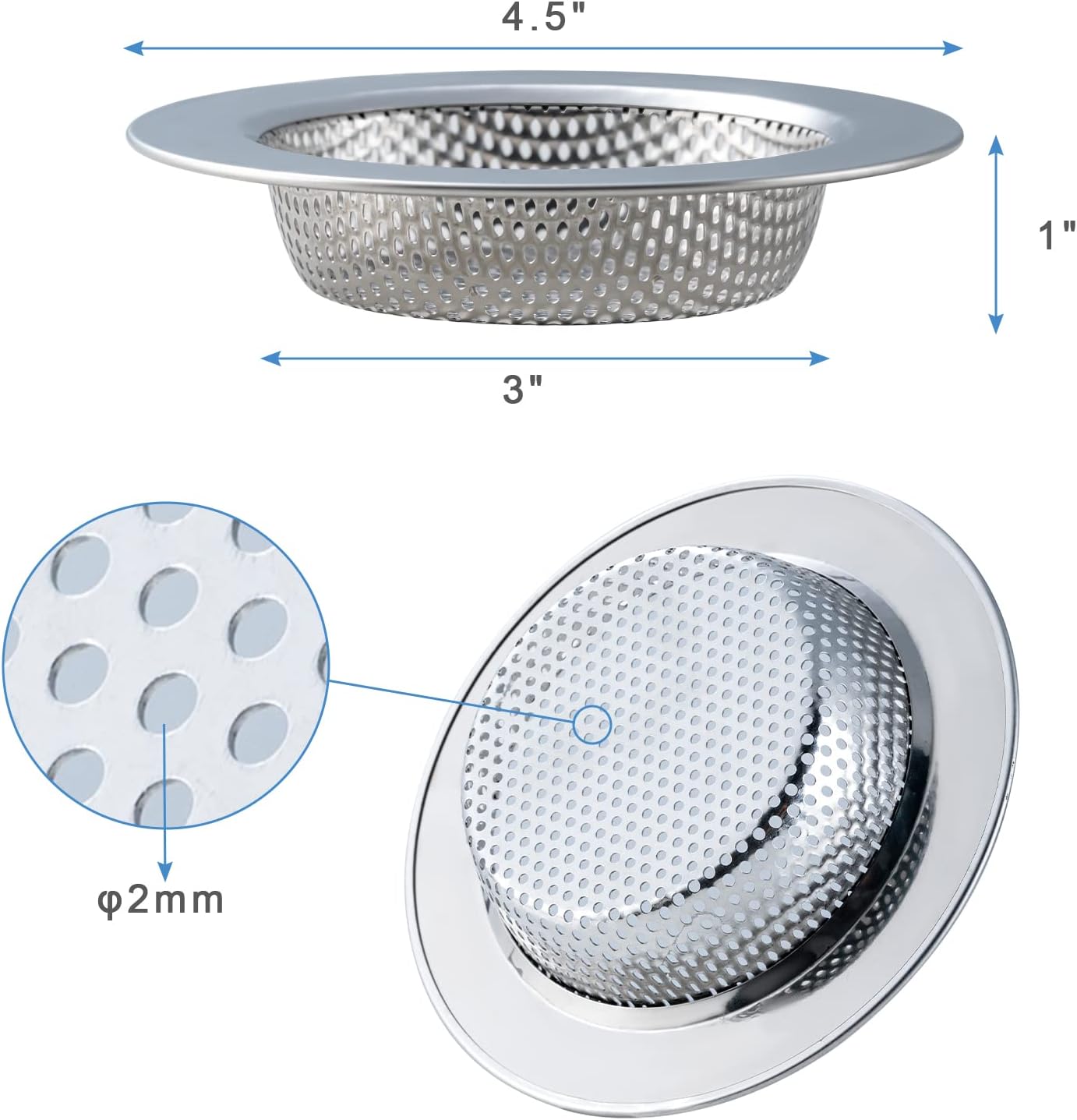 2 PCS Kitchen Sink Strainer with Large Wide Rim 4.5" Diameter for Kitchen Sinks, Stainless Steel, Kitchen Sink Drain Strainer, Upgraded Double-Layer Safe Design