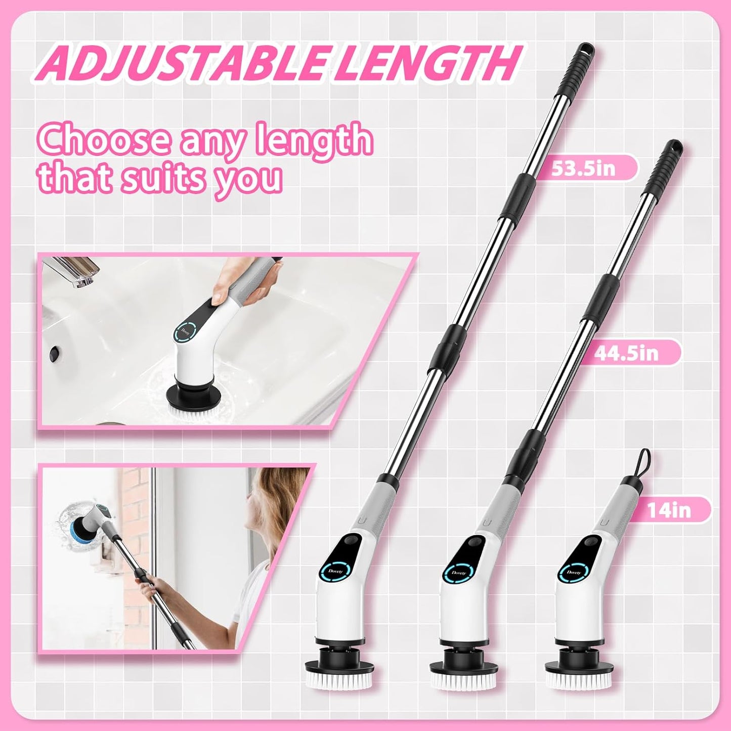 Premium Electric Spin Scrubber Cordless Power Cleaning System with 8 Interchangeable Brush Heads, Dual-Speed Motor, LCD Display and Adjustable Extension Handle IPX7 Waterproof for Deep Cleaning Bathroom, Tub, Tile, Grout, Floors and Walls