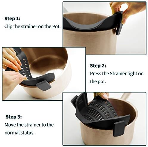 Clip On Strainer Silicone for All Pots and Pans, Pasta Strainer Clip on Food Strainer for Meat Vegetables Fruit-Silicone Drainer Kitchen Colander Color Black