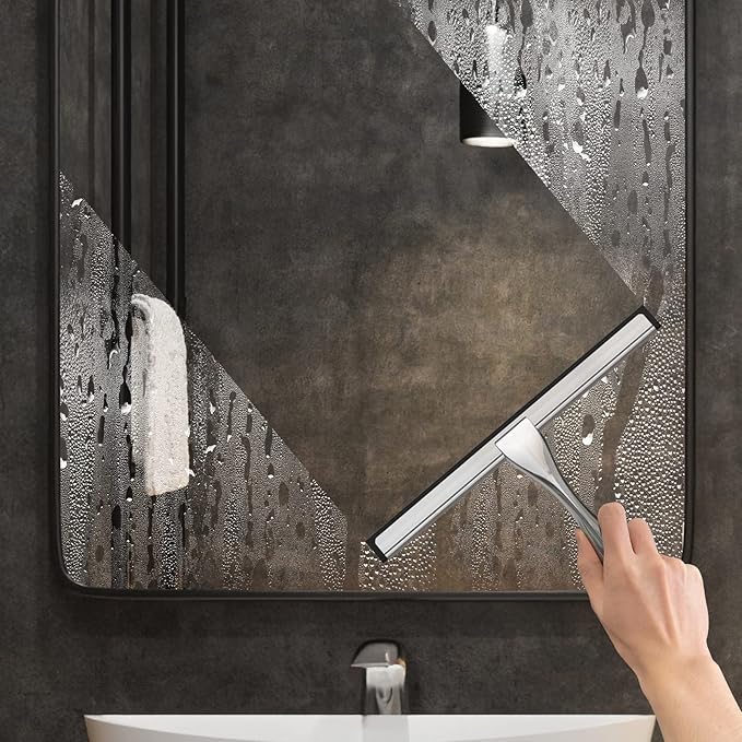 Stainless Steel Shower Squeegee 10 Inch Bathroom Glass Door Cleaner with 2 Adhesive Hooks, Bathroom Cleaner Tool Household Window Mirror Squeegee , Cleaning Tile Wall, Car, Color Silver