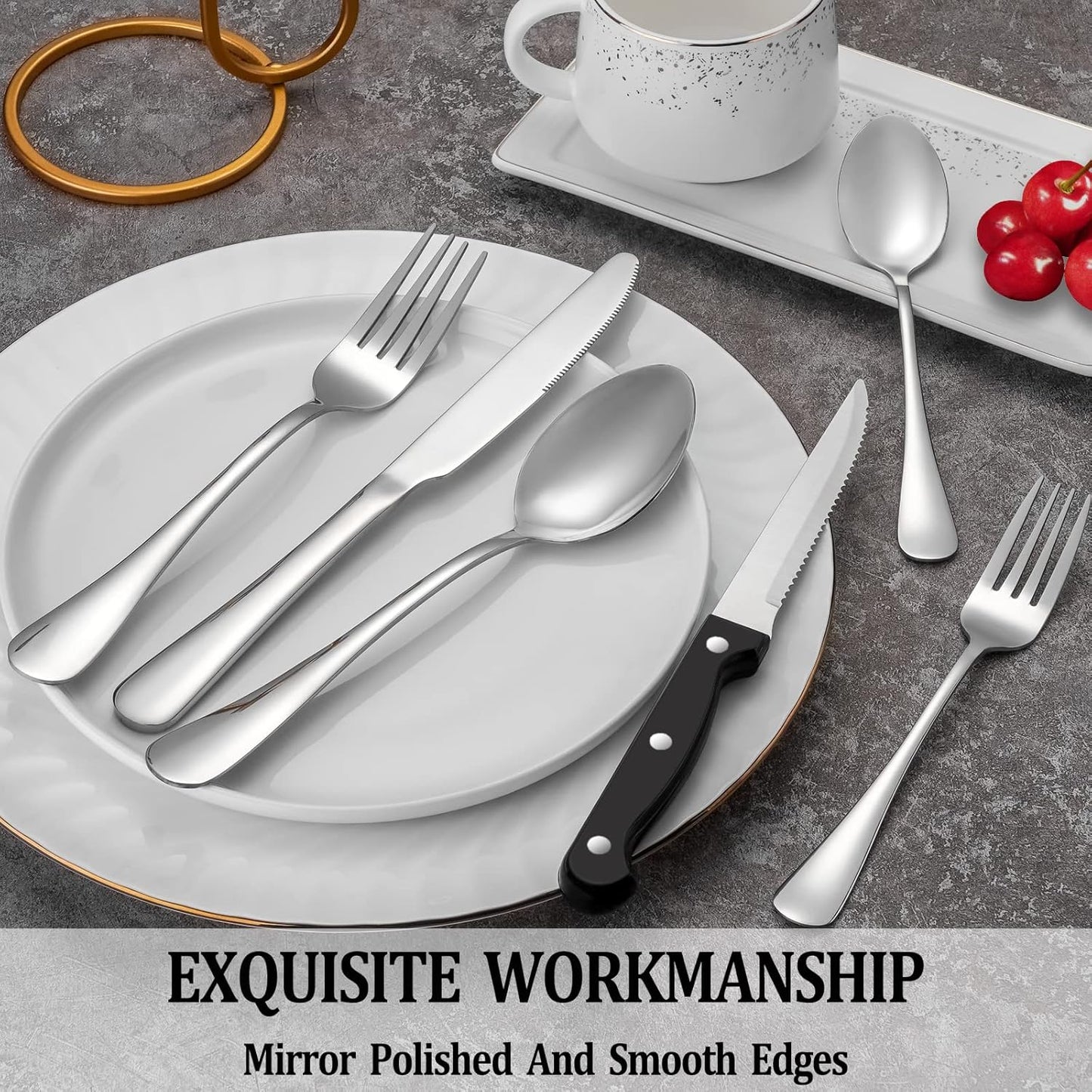 Silverware Set with Steak Knives Stainless Steel Flatware for 4, Mirror Polished Cutlery Set with Forks, Spoons and Knives Dishwasher Safe Tableware for Home and Kitchen(24-Pieces).