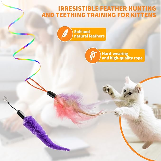 Interactive Automatic Cat Toy - Hanging Door Clip with 360° Rotating Ribbons, Feather & Rainbow Teaser for Indoor Cats, Kittens & Exercise Play