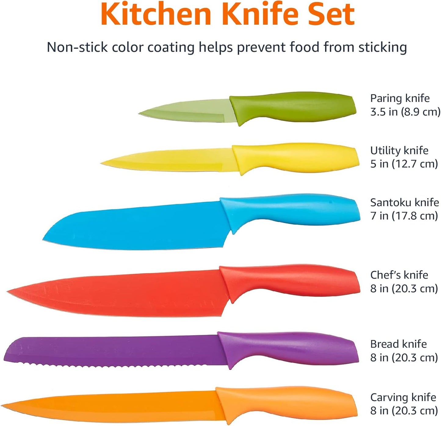Bread knife Multicolor Color-Coded Dishwasher Safe Kitchen 12-Piece Knife Set, 6 Knives Stainless Steel with 6 Blade Guards,Plastic, 13.88 x 4.13 x 1.38 inch