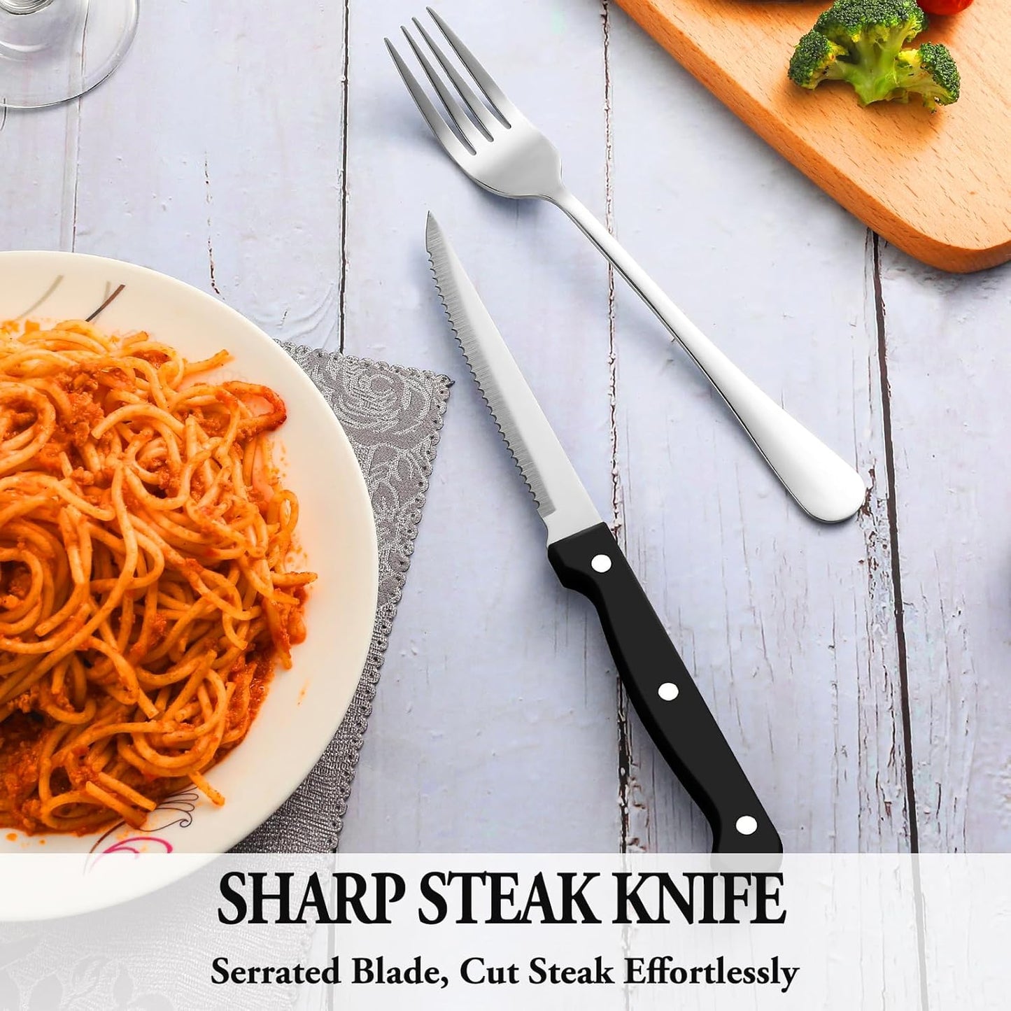 Silverware Set with Steak Knives Stainless Steel Flatware for 4, Mirror Polished Cutlery Set with Forks, Spoons and Knives Dishwasher Safe Tableware for Home and Kitchen(24-Pieces).