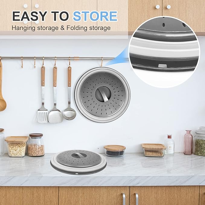 Microwave Food Cover with Collapsible Silicone Mat - Splatter Guard, Plate Holder, Strainer & Kitchen Colander for Cooking Meal Prep, Plastic Charcoal 10 Inch