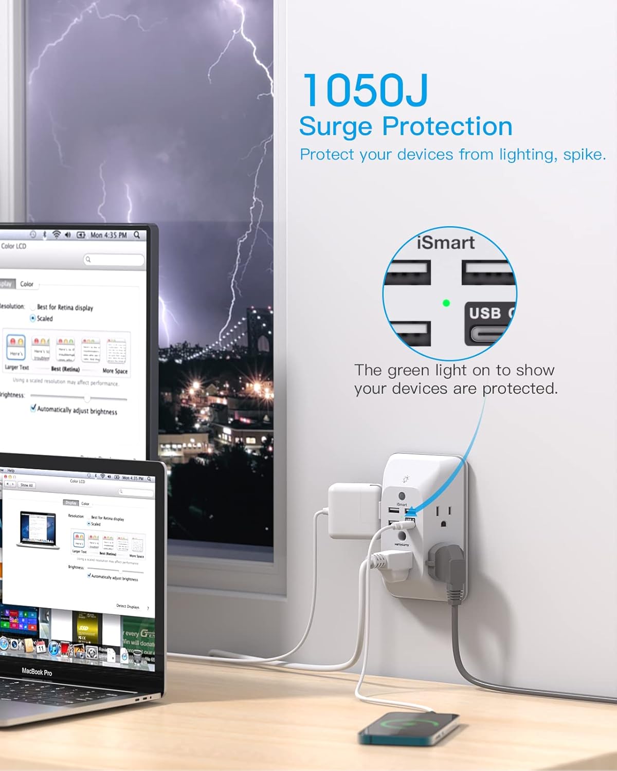 Outlet Extender with Night Light Multi Plug Wall Adapter with Surge Protection, 4 USB Ports (Including 1 USB-C), Power Strip Splitter for Home, Office, Dorm Room.