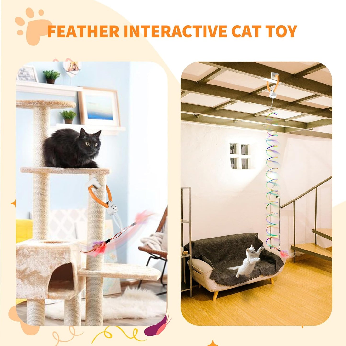Interactive Automatic Cat Toy - Hanging Door Clip with 360° Rotating Ribbons, Feather & Rainbow Teaser for Indoor Cats, Kittens & Exercise Play