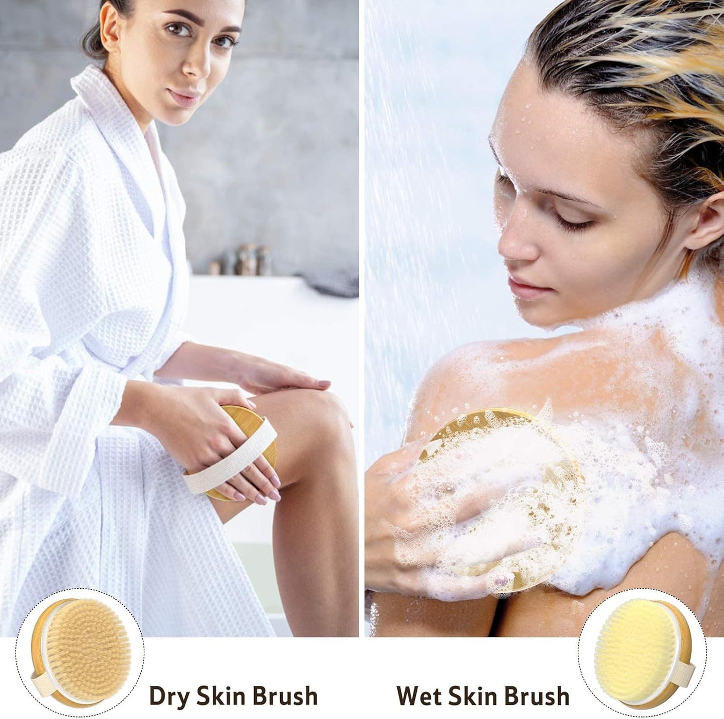 2-Pack Bamboo Dry Body Brushes - Dual-Sided Soft & Stiff Bristles for Wet & Dry Brushing, Suitable for All Kinds of Skin