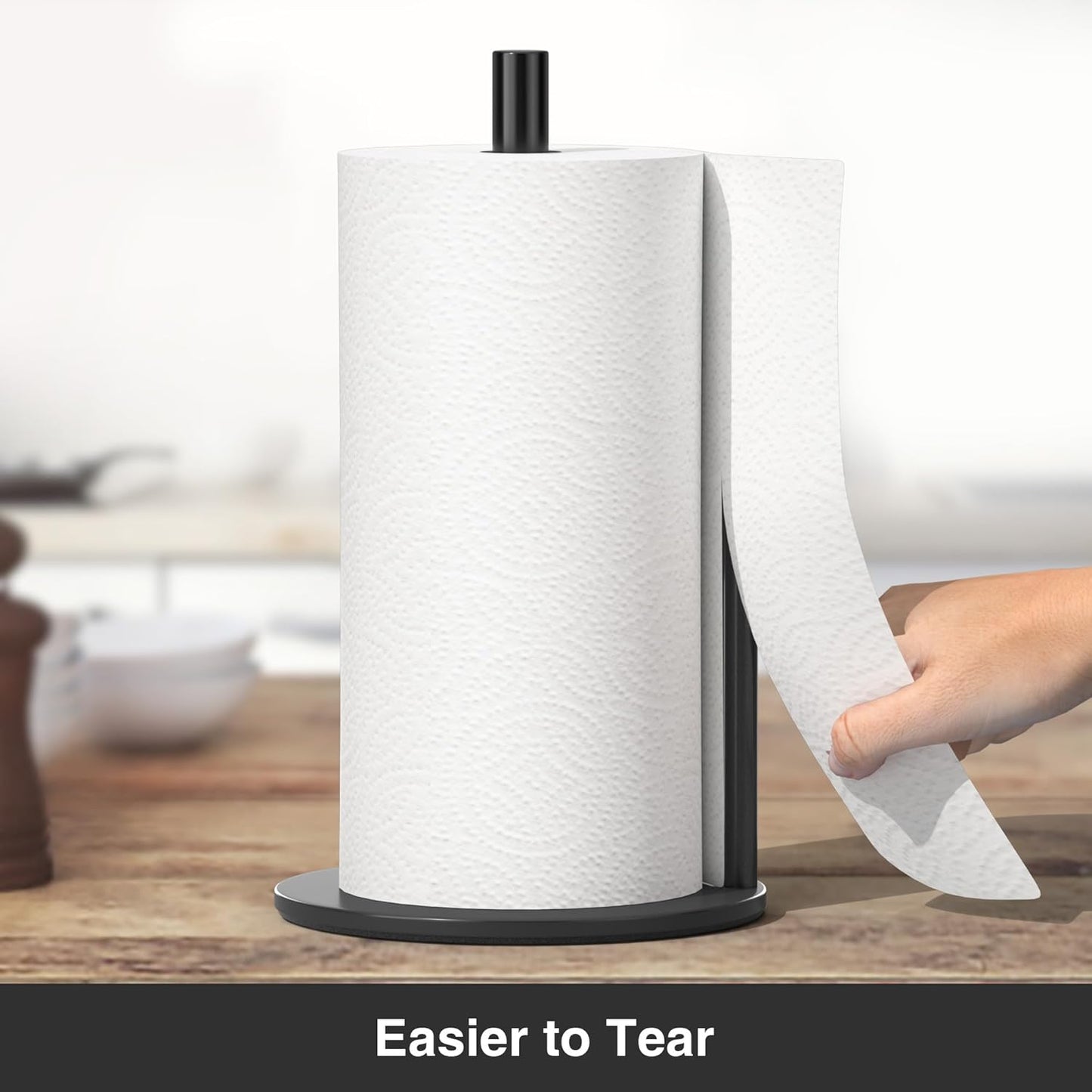 Black Paper Towel Holder - Countertop Roll Organizer with Weighted Base, and Premium Stainless Steel Kitchen Dispenser.