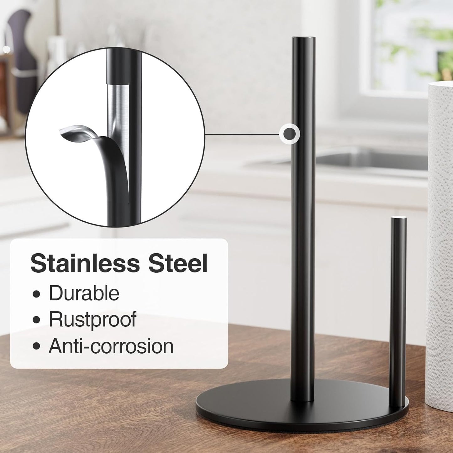 Black Paper Towel Holder - Countertop Roll Organizer with Weighted Base, and Premium Stainless Steel Kitchen Dispenser.