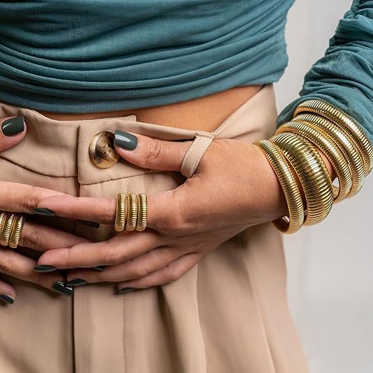 18K Gold Plated Chunky Bangle Bracelet Set for Women