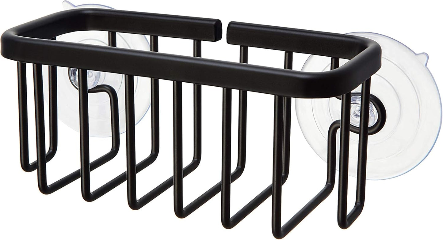 SunnyPoint NeverRust Kitchen & Bathroom Sink Caddy for Sponges, Scrubbers, and Soap, 6" x 2.5" x 2.75", with Adhesive Mount and Additional Suction Cup - Aluminum (Black)