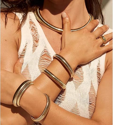 18K Gold Plated Chunky Bangle Bracelet Set for Women