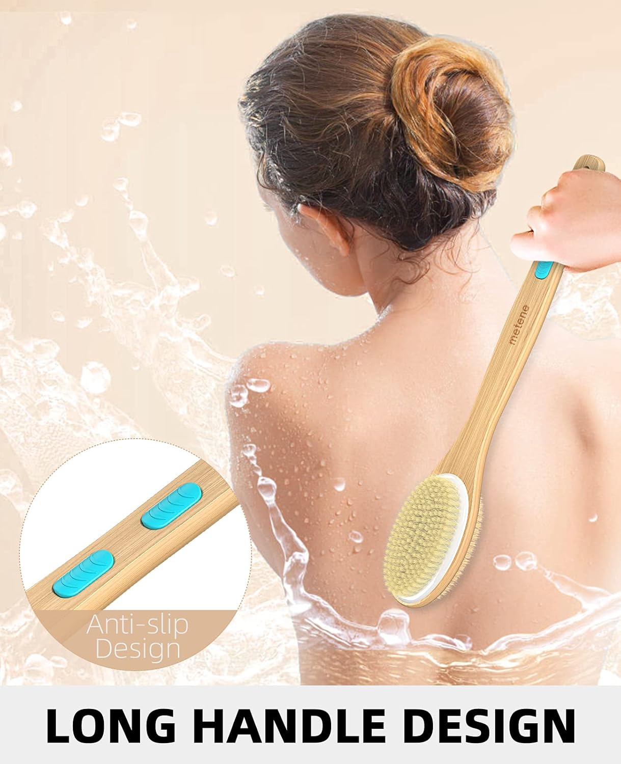 Dual-Sided Shower Brush with Soft & Stiff Bristles - Long Handle Back Scrubber & Body Exfoliator