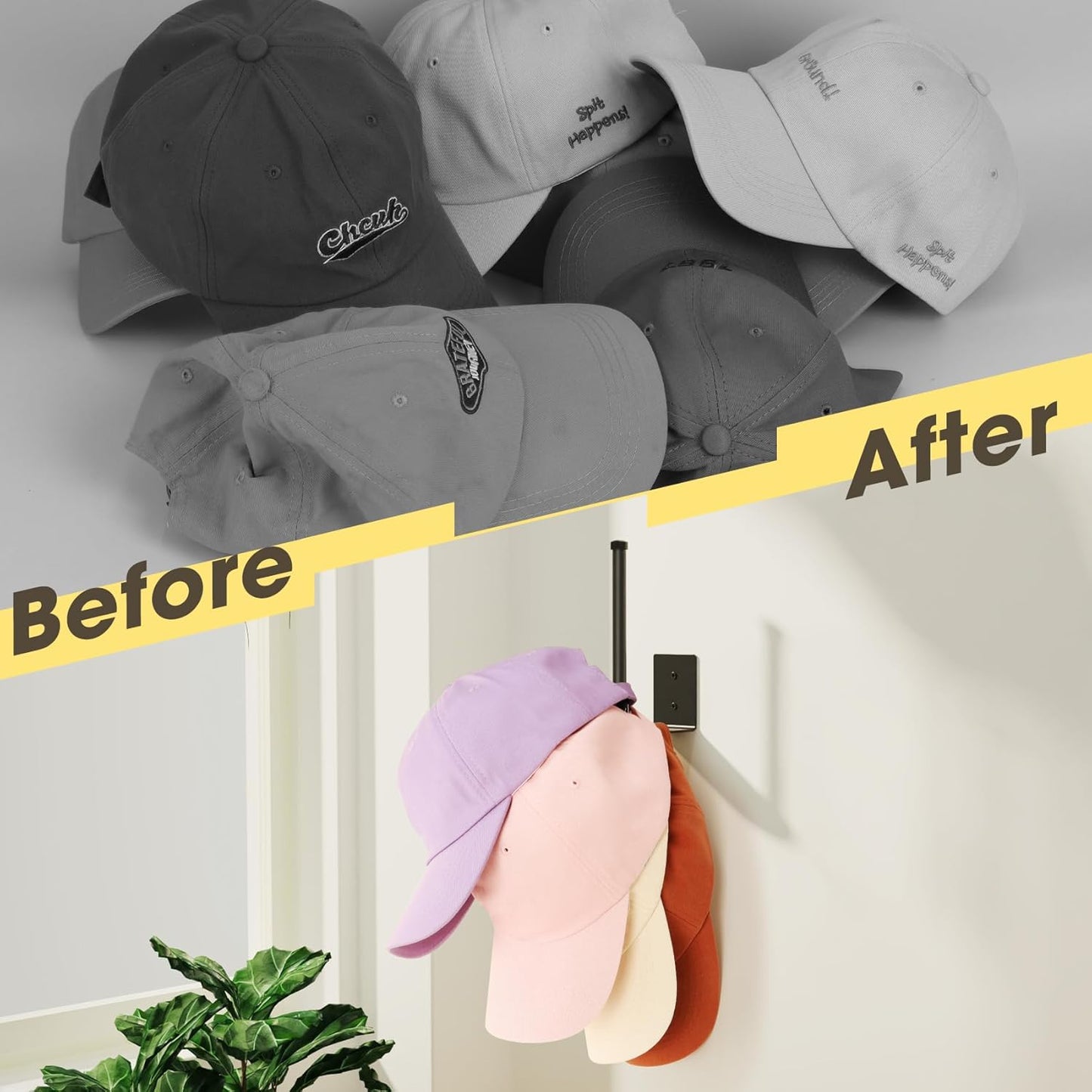 Hat Racks for Baseball Caps, Stainless Steel Hat Organizer for Baseball Cap, 2 Pack Hat Holder Storage Organizer, Hat Hanger Strong Adhesive/Wall Drilled for Door, Bedroom, Closet Black 6 in