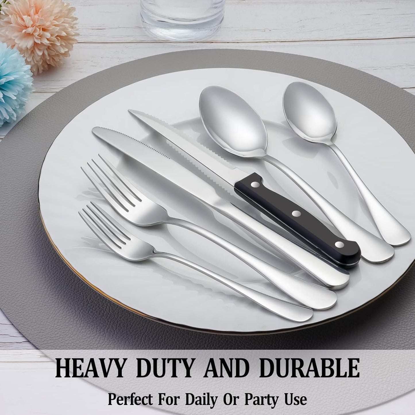 Silverware Set with Steak Knives Stainless Steel Flatware for 4, Mirror Polished Cutlery Set with Forks, Spoons and Knives Dishwasher Safe Tableware for Home and Kitchen(24-Pieces).