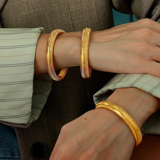 18K Gold Plated Chunky Bangle Bracelet Set for Women