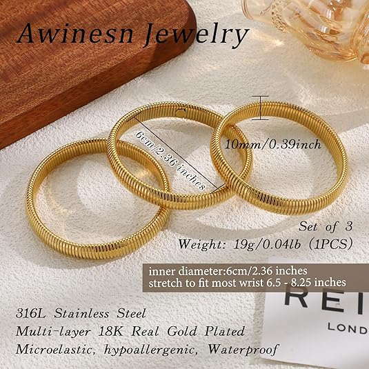 18K Gold Plated Chunky Bangle Bracelet Set for Women