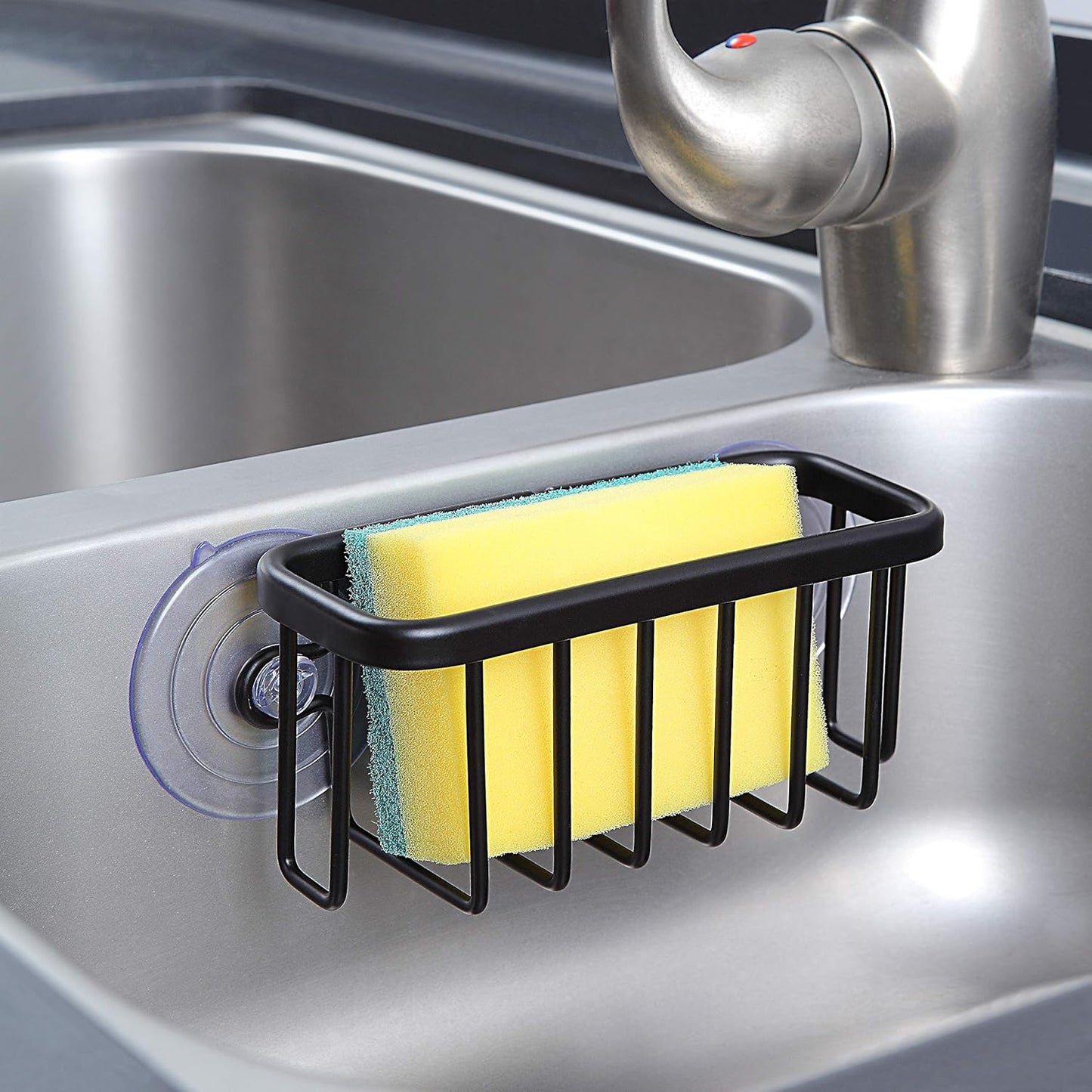 SunnyPoint NeverRust Kitchen & Bathroom Sink Caddy for Sponges, Scrubbers, and Soap, 6" x 2.5" x 2.75", with Adhesive Mount and Additional Suction Cup - Aluminum (Black)