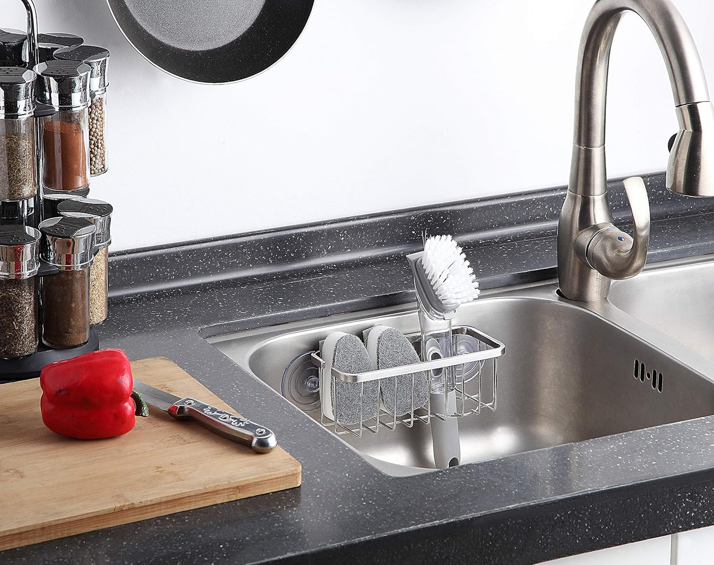 Durable Kitchen & Bathroom Sink Sponge Holder Organizer with Adhesive Mount & Suction Cup