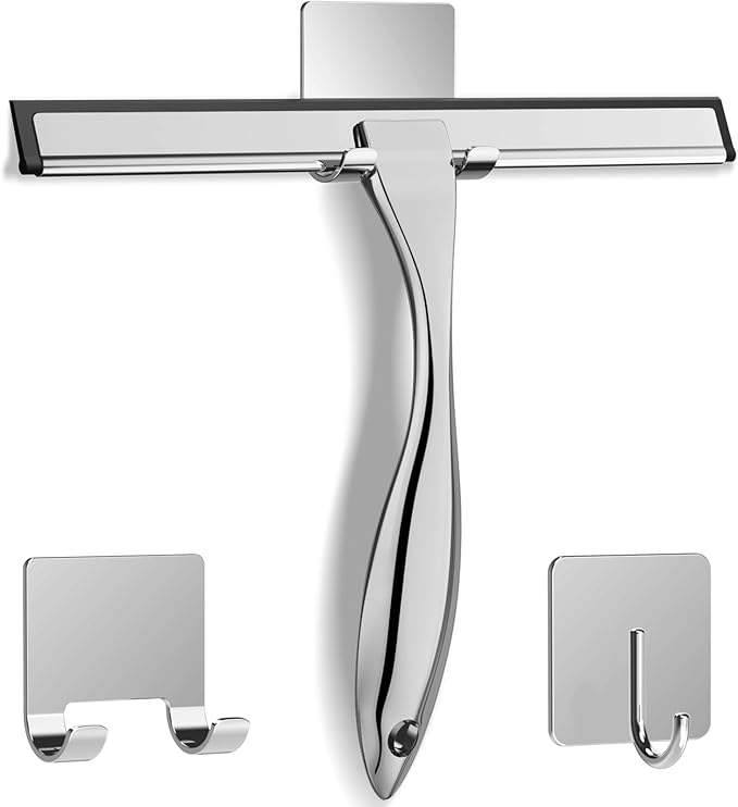 Stainless Steel Shower Squeegee 10 Inch Bathroom Glass Door Cleaner with 2 Adhesive Hooks, Bathroom Cleaner Tool Household Window Mirror Squeegee , Cleaning Tile Wall, Car, Color Silver