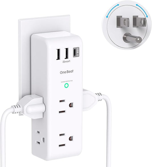 One Beat Surge Protector Outlet Extender - One Beat 6 AC Multi Plug Outlet with 3 USB Ports (1 USB C), 1800J Wall Charger, 3-Sided Power Strip Spaced Outlet Splitter for Home Office  & Travel Color ‎White 6.3 x 2.76 x 2.17 inches