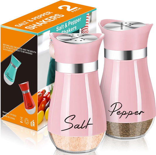 Salt and Pepper Shakers Set,4 oz Glass Bottom Spice Shaker with Stainless Steel Lids Refillable Seasoning Jars for Kitchen Cooking Table Color Pink 2.5"L x 5"W x 4.8"H