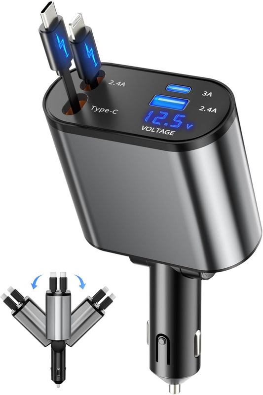 4-in-1 Retractable Fast Car Charger USB-C and USB-A Compatible with iPhone 16/15/14/13/12/11, Samsung Galaxy, Pixel, and More.