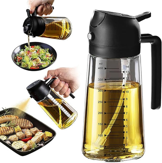 Glass Olive Oil Sprayer Bottle for Cooking – 2 in 1 Olive Oil Dispenser  and Kitchen Gadgets for Air Fryer Accessories, Salad,  Frying BBQ  Black 16oz/470ml