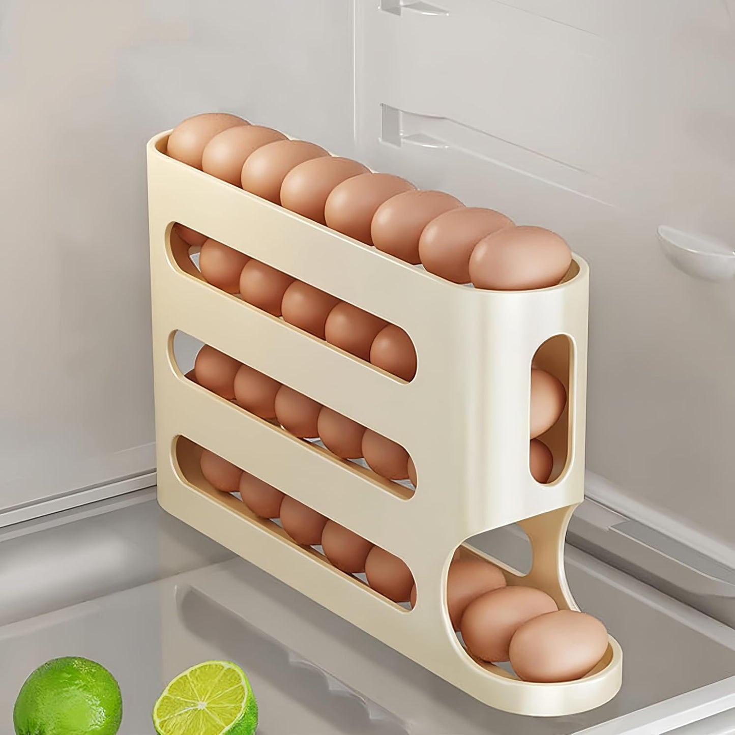 Automatic Egg Holder for Fridge- Space-Saving Automatic Rolling Eggs Dispenser, 4 Tiers Refrigerator  Egg Rack Holds up to 30 pcs Yellow Color (1 Count ‎12.99"D x 3.14"W x 7"H)
