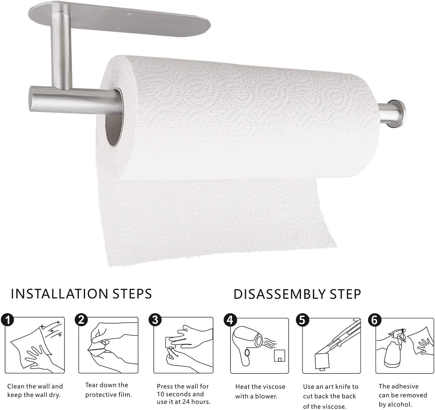 Paper Towel Holders for Kitchen,Stainless Steel, Self-Adhesive or Screw Mount, Fits Paper Towels Bulk,  Under Cabinet,Both Available in Adhesive Color Silver 12"L x 3.5"W