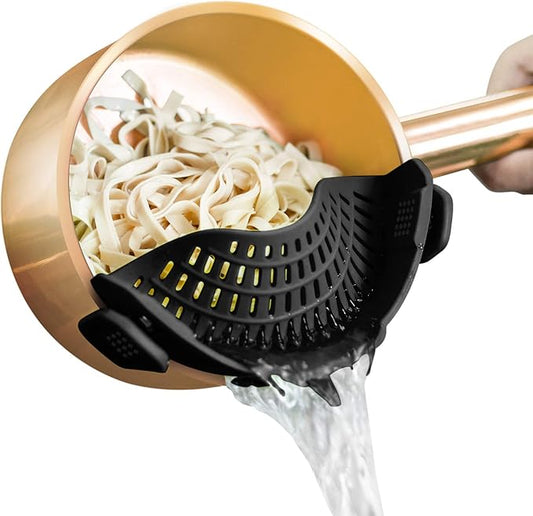 Clip On Strainer Silicone for All Pots and Pans, Pasta Strainer Clip on Food Strainer for Meat Vegetables Fruit-Silicone Drainer Kitchen Colander Color Black