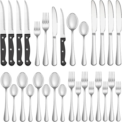 Silverware Set with Steak Knives Stainless Steel Flatware for 4, Mirror Polished Cutlery Set with Forks, Spoons and Knives Dishwasher Safe Tableware for Home and Kitchen(24-Pieces).