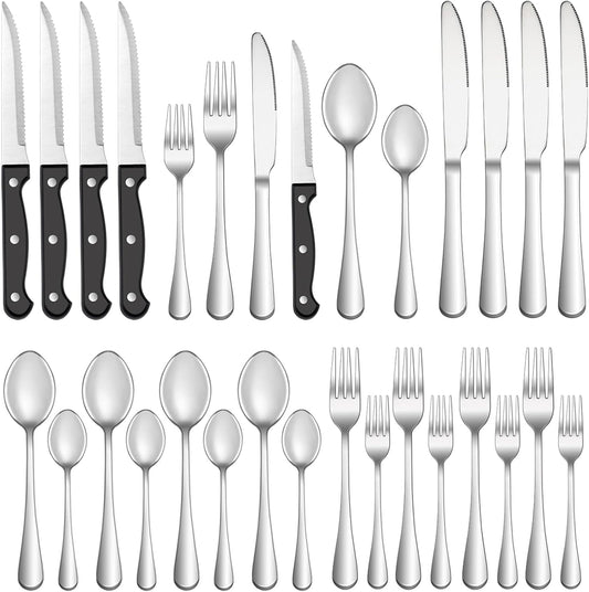 Silverware Set with Steak Knives Stainless Steel Flatware for 4, Mirror Polished Cutlery Set with Forks, Spoons and Knives Dishwasher Safe Tableware for Home and Kitchen(24-Pieces).