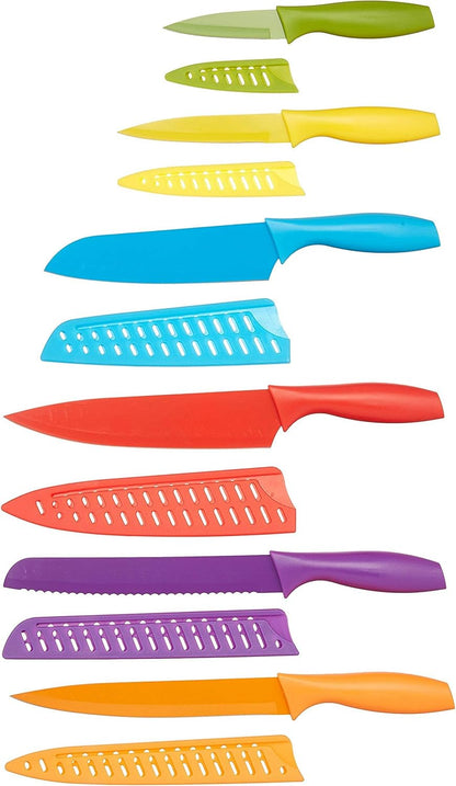 Bread knife Multicolor Color-Coded Dishwasher Safe Kitchen 12-Piece Knife Set, 6 Knives Stainless Steel with 6 Blade Guards,Plastic, 13.88 x 4.13 x 1.38 inch