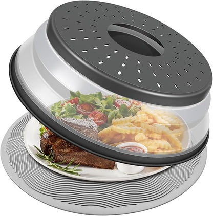 Microwave Food Cover with Collapsible Silicone Mat - Splatter Guard, Plate Holder, Strainer & Kitchen Colander for Cooking Meal Prep,  Plastic Charcoal 10 Inch