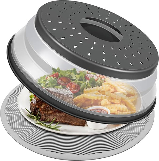Microwave Food Cover with Collapsible Silicone Mat - Splatter Guard, Plate Holder, Strainer & Kitchen Colander for Cooking Meal Prep,  Plastic Charcoal 10 Inch