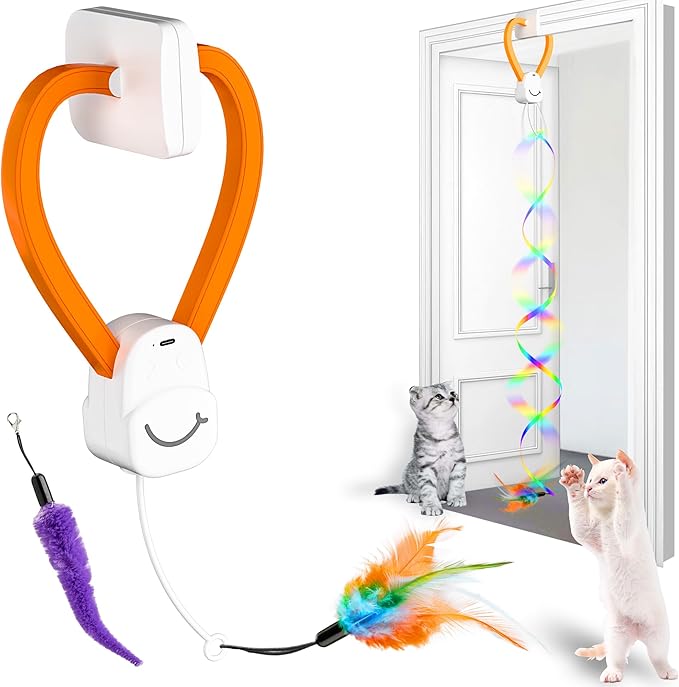 Interactive Automatic Cat Toy - Hanging Door Clip with 360° Rotating Ribbons, Feather & Rainbow Teaser for Indoor Cats, Kittens & Exercise Play