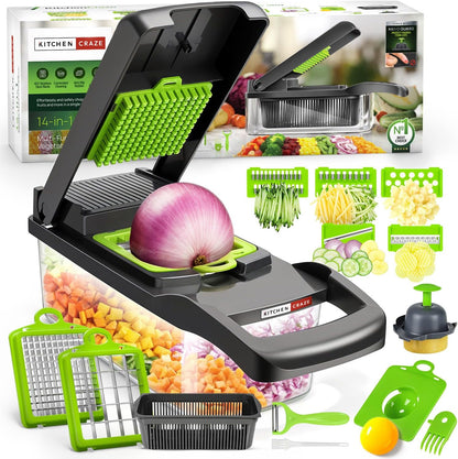 Vegetable Chopper 14-in-1 – Professional Food Chopper, Dicer, Cutter and Mandoline Slicer with Container Ultra-Sharp, Military-Grade, Rust-Proof Blades,  Non-Toxic, Chemical-Free Kitchen Gadget